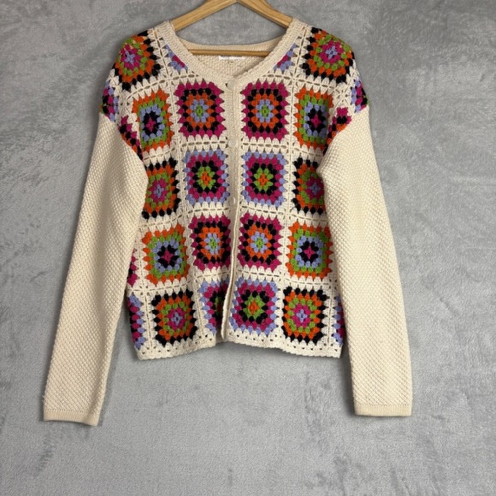 Cream Crochet Front Cardigan Sweater with Multicolor Granny Squares